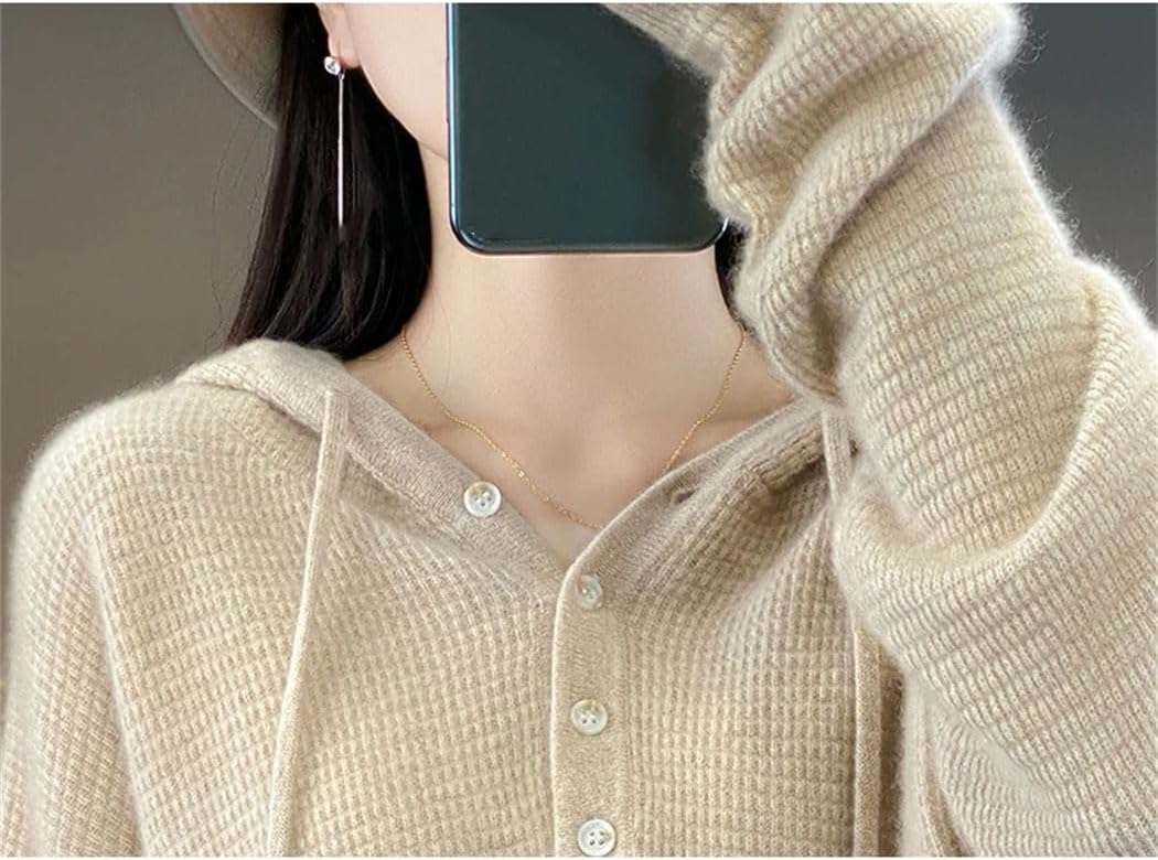 Women's 100% Merino Wool Sweater Long Sleeve Drawstring Buttons Knitted Hoodie Fashion Soft Warm Sweatshirt