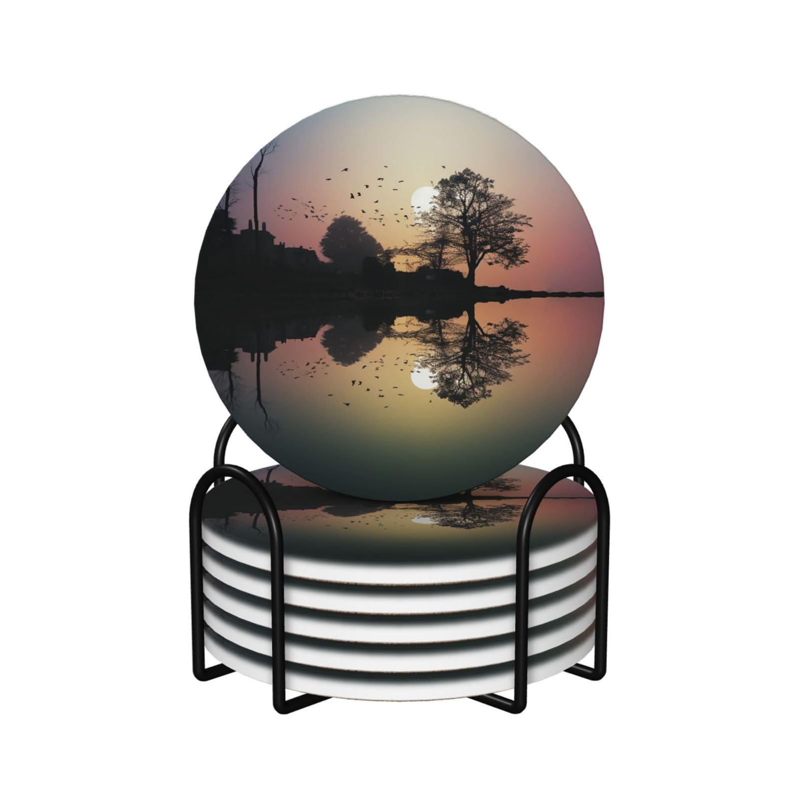 6Pcs Ceramics Coaster for Drinks, Reflection Guitar Cup Coasters with Holder, Aesthetic Drink Coasters for Coffee Table, Absorbent Round Coaster for Tabletop Protection 4" Cup Mat Pad