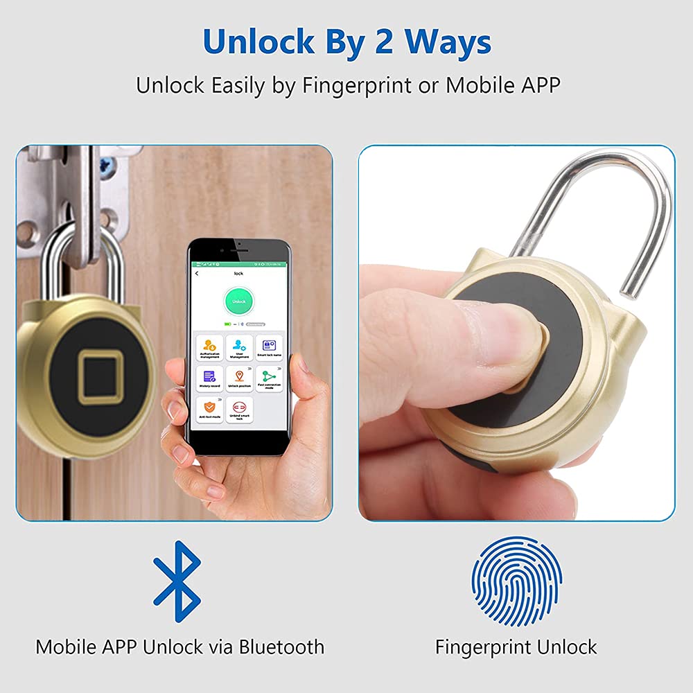 Vorhängeschloss Fitnessstudio Wetterfest Zahlenschloss - Fingerabdruck Bluetooth App eLinkSmart kein Schlüssel Schloss für Spind Schrank Fitnessstudio Schließfach Rucksack Aussenbereich Gold