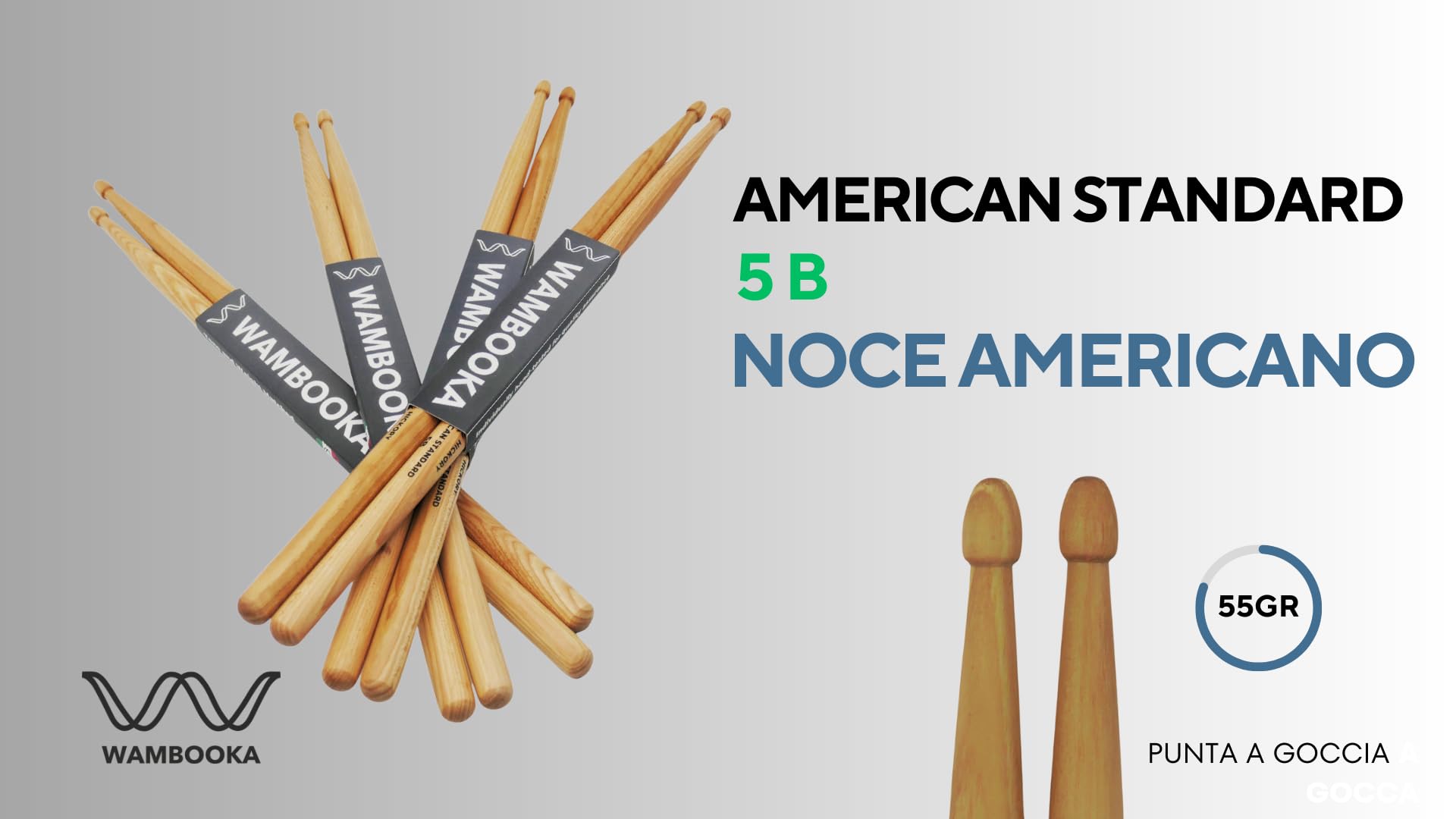 Bacchette per Batteria in Noce Americano - PACCO DA 4 PAIA - Serie American Standard® - 5A - 5B- Punta a goccia in legno (5B)