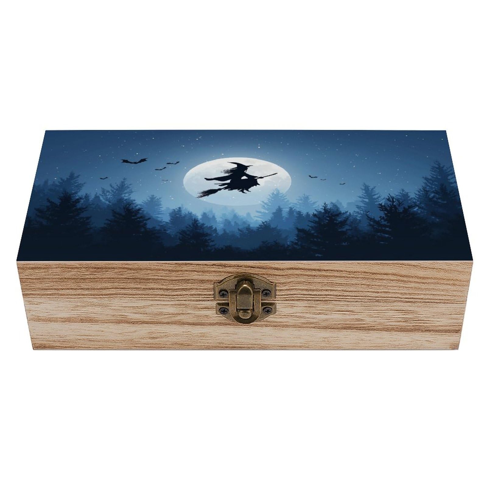 Ahdyr As Pic Witch Flying On Broomstick Silhouette Wooden Storage Box With Hinged Lid And Front Clasp Large Keepsake Box