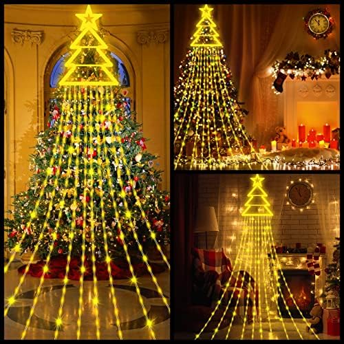 Christmas Lights Outdoor, 340 LEDs Waterfall Christmas Tree Lights with Christmas Tree Model - 8 Lighting Modes Fairy Lights with Remote for Home Xmas Tree Garden Yard Party Wedding Decor-Warm White