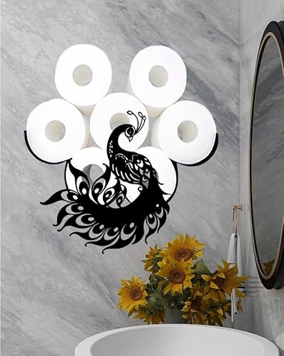 Funny Peacock Animal Decorative Toilet Paper Roll Holders, Metal Wall Mounted Black Toilet Paper Holder for 8 Rolls, Paper Roll Storage Organizer, Bathroom Decor Accessories