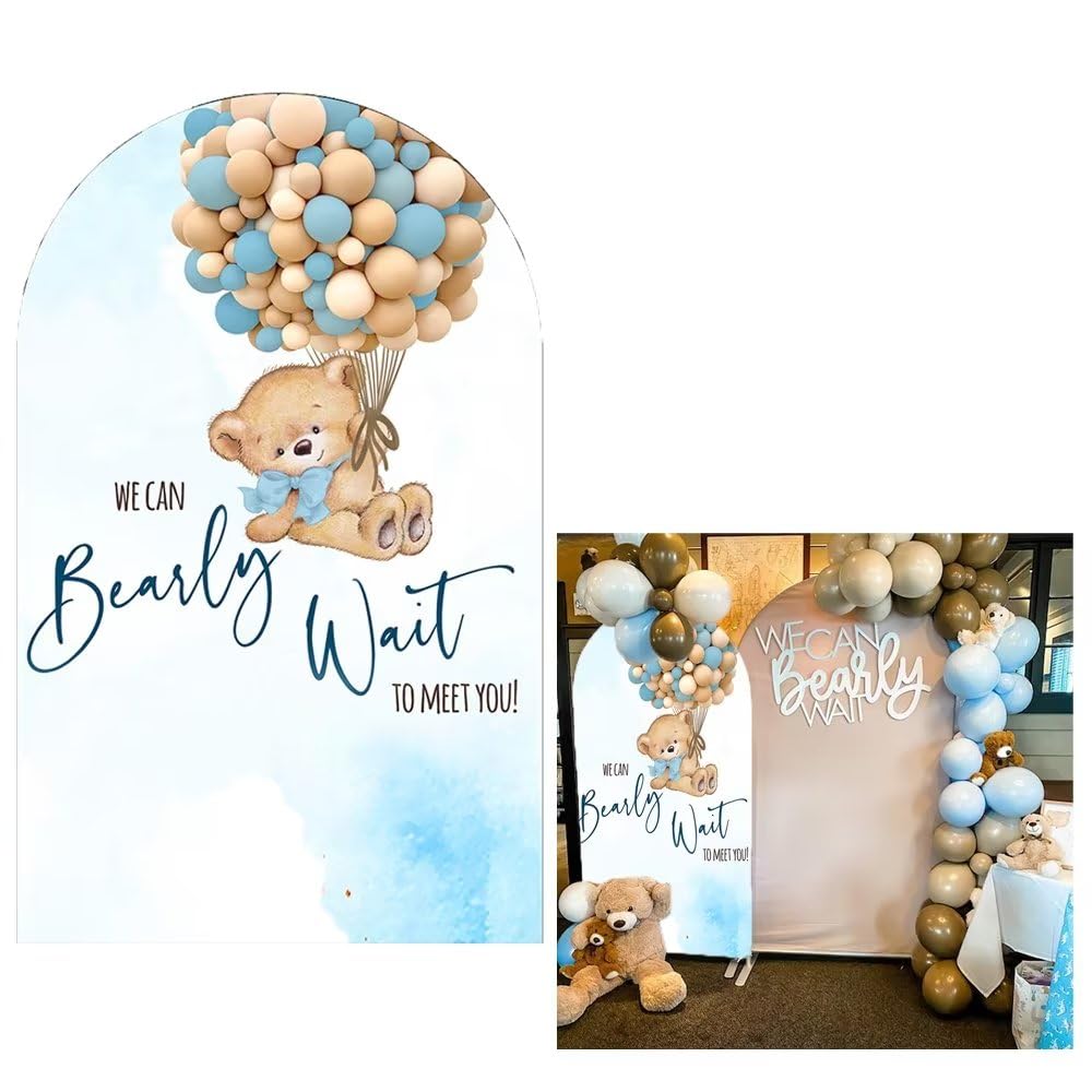 Aerdce Blue Teddy Bear Arched Fabric Backdrop Cover We Can Bearly Wait to Meet You Arch Backdrop Stand Covers for Birthday Baby Shower Party Photoshoot(Only Cover)