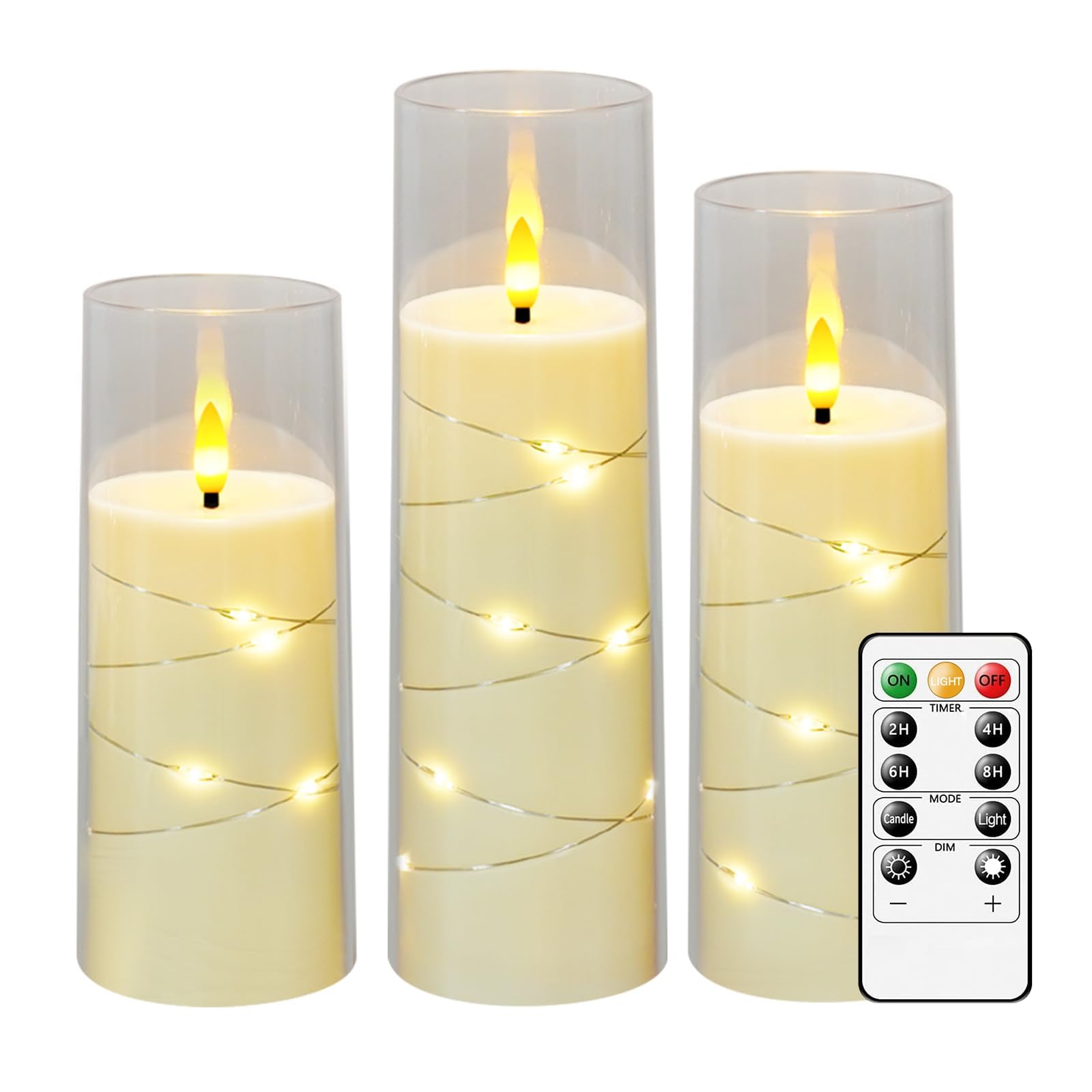 LTETTES Set of 3 White Acrylic Fiberglass Flameless Flickering LED Candles | 2.3 inch D x 5.5,6.5,7.5 inch Height, Embedded Copper String Lights | AA Battery Powered Remote for Home Decor & Gifts-image-21