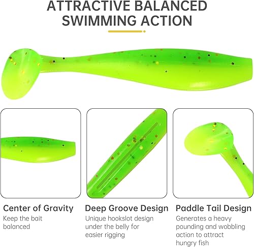 Miniatura 4 de MAFIMOEA - 50 señuelos de pesca suaves de plástico para cola de paleta, kit de cebos de natación para lubina, trucha, lucioperca, crappie, 5 colores