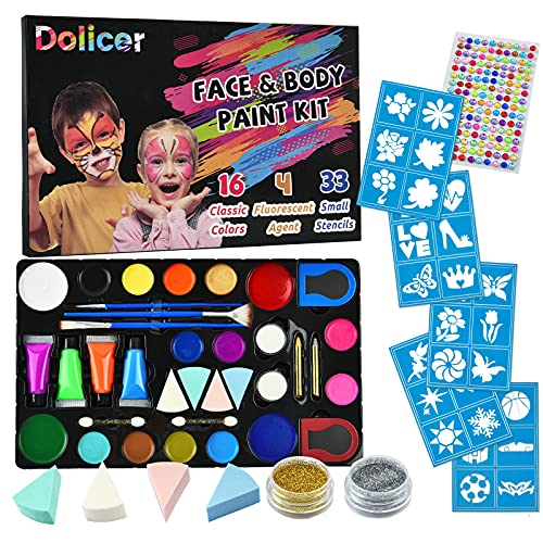 Dolicer Face Paint Kit 16 Colors Professional Face Painting 33 Small Stencils 4 Sponges 3 Brushes 2 Glitters Safe Body Face Paint for Kids Adult Birthday Party Halloween Carnival Easter Cosplay Makeup