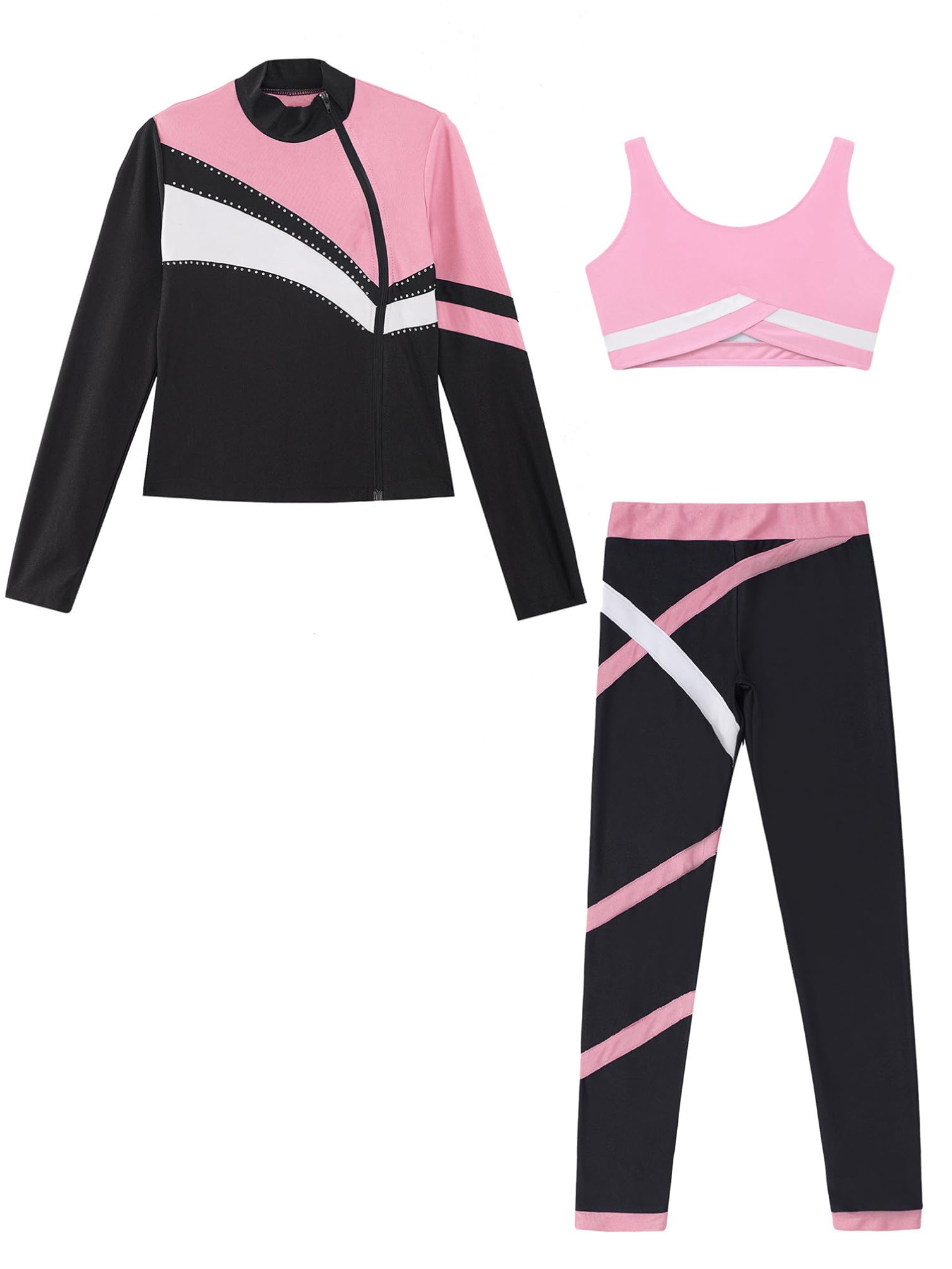 inhzoy Dziewczęcy strój do łyżwiarstwa figurowego zestaw odzieży sportowej z długim rękawem kurtka legginsy i Cropped Tank Top 3-częściowy dziecięcy strój do tańca