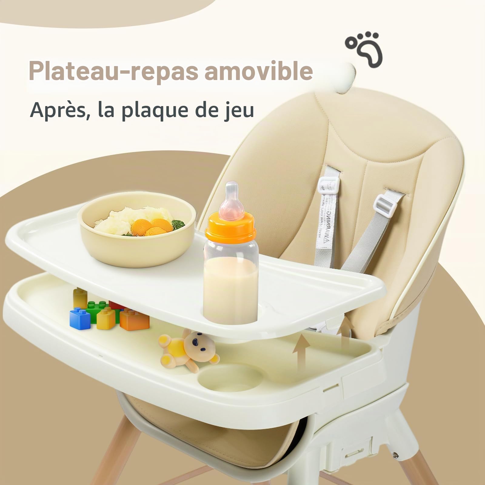 BONNLO Chaise Haute Bébé Évolutive, Pieds en Bois Fixes & Structure Renforcée, Pliable pour Chaise Adulte, 4 KG Ultra-Léger, Réglable en Hauteur, Ceinture 5 Points, Nettoyage Simplifié (Neige)