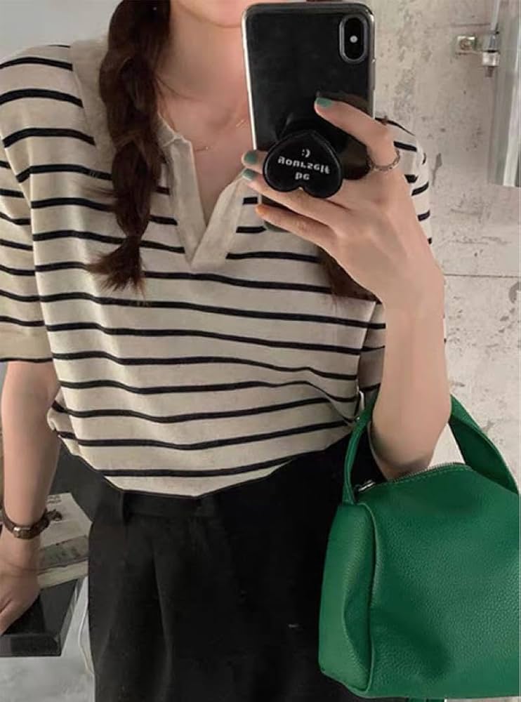 Amazon.co.jp: GRL 襟付きボーダー柄ショート丈ニットトップス