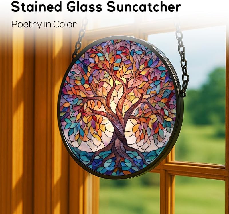 Stained Glass Window Hanging， Tree of Life 11.8in Sun Catchers Indoor Window， Core Decor Inside and Outside The Cottage， Gifts for Women， Beautiful Home Decor， Colorful Art Glass
