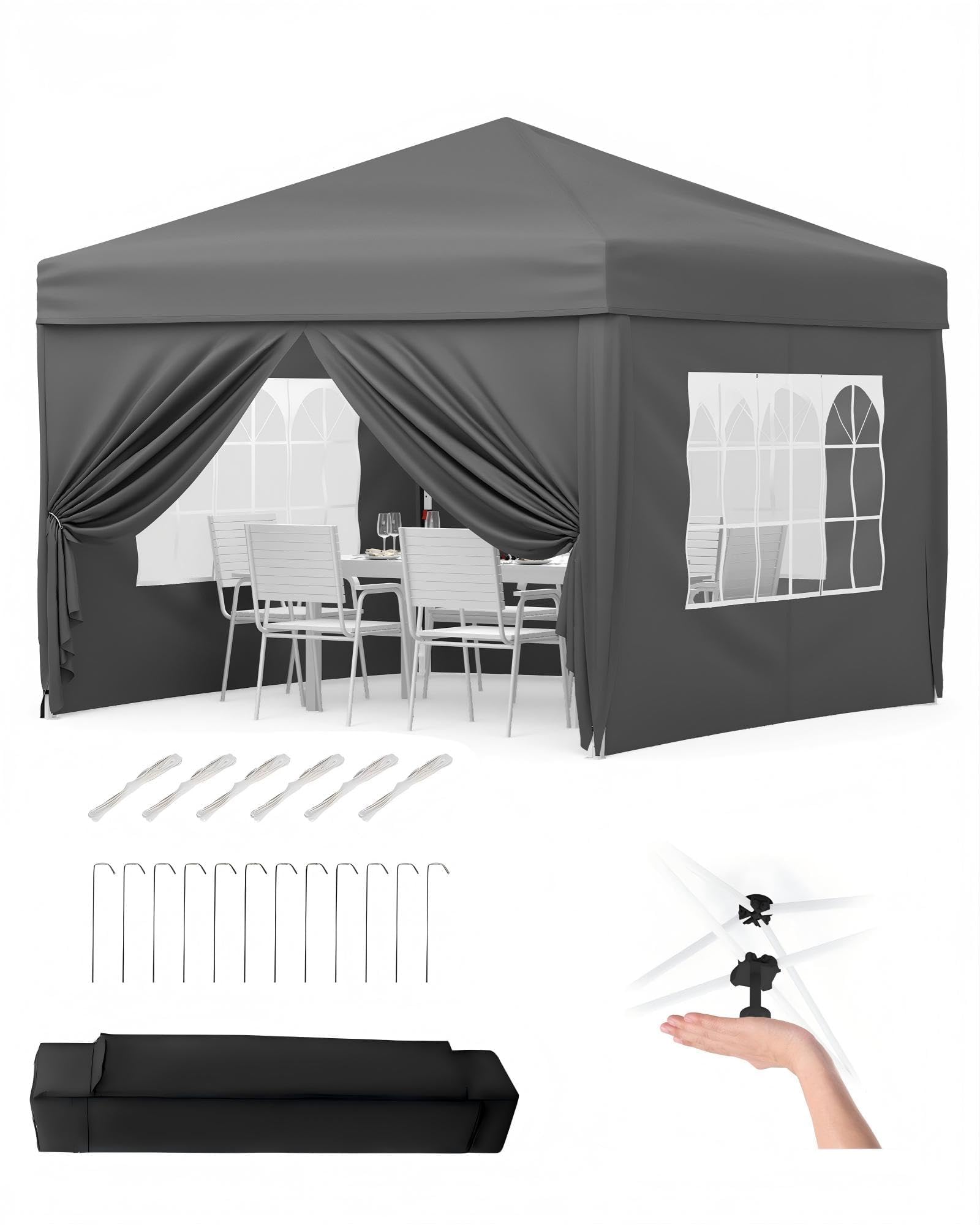 3mx3m Garden Pop Up Gazebo with 4 Sides, Central Lock System | 6 Weight Bags | Carry Bag, Outdoor Waterproof Party Tent Canopy with 2.7m Height, Water Resistant Marquee Canopy, Gray