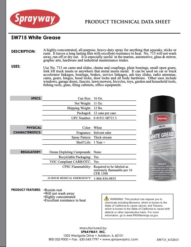 Sprayway SW715-12PK Industrial White Grease Lubricant, 11 oz, Pack of 12