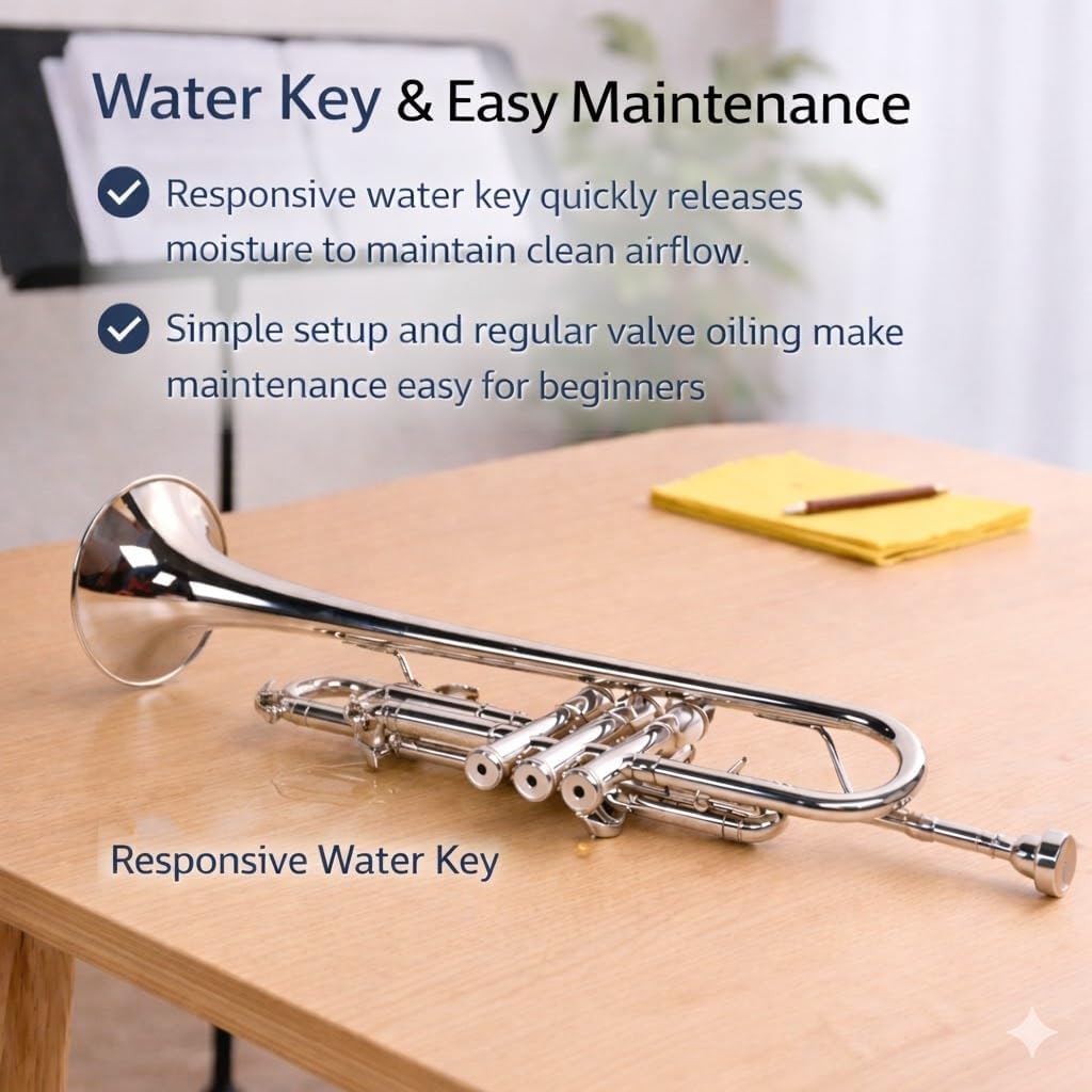 Bb Standard Trumpet for Students & Beginners, Brass Trumpet Set with Hard Case, 7C Mouthpiece, Cleaning Cloth & Gloves, Silver Nickel