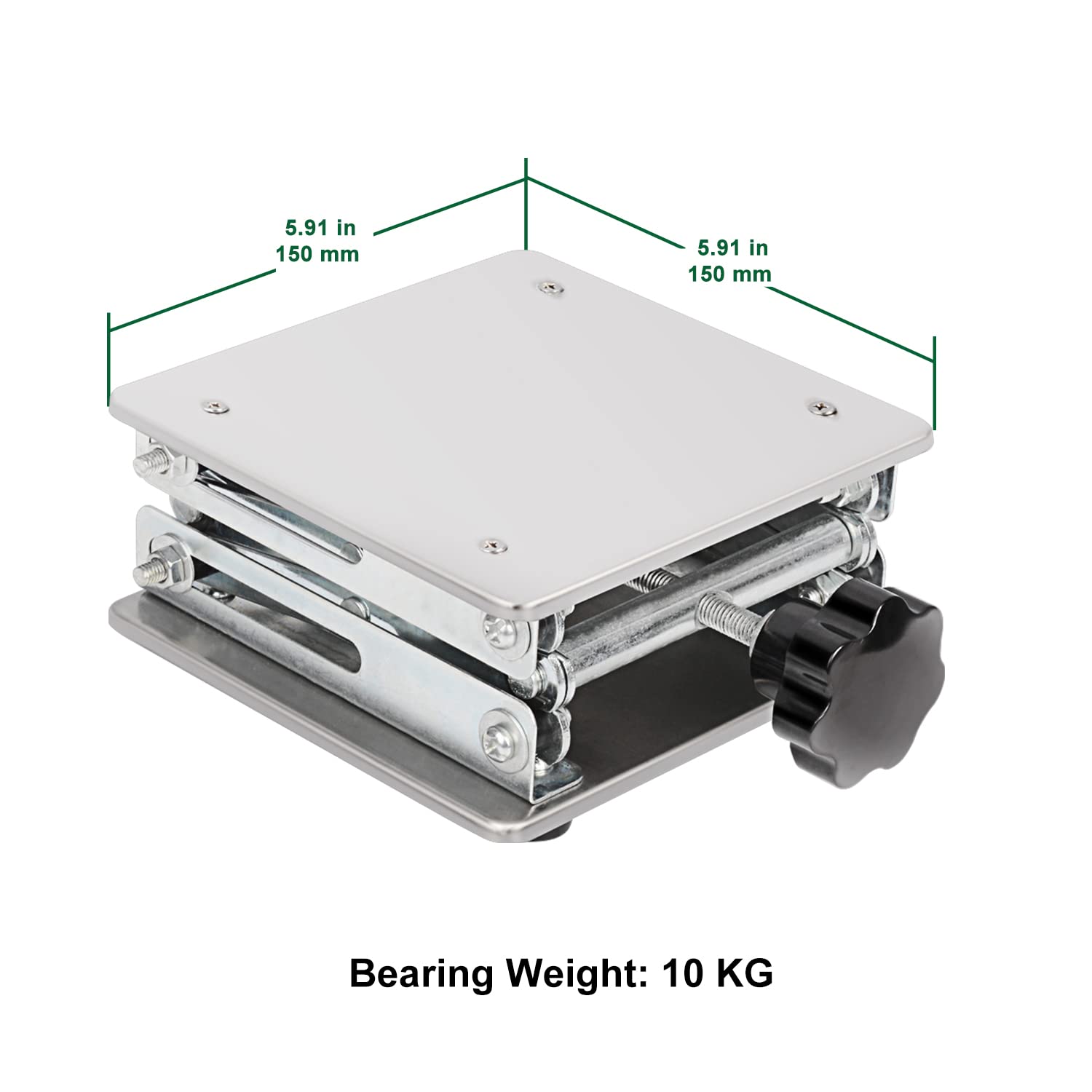 FunChem Sollevatore da laboratorio con forbice, 150 x 150 mm in acciaio inossidabile, supporto da tavolo pieghevole da laboratorio, altezza regolabile da 75 mm a 260 mm, capacità di carico 10 kg