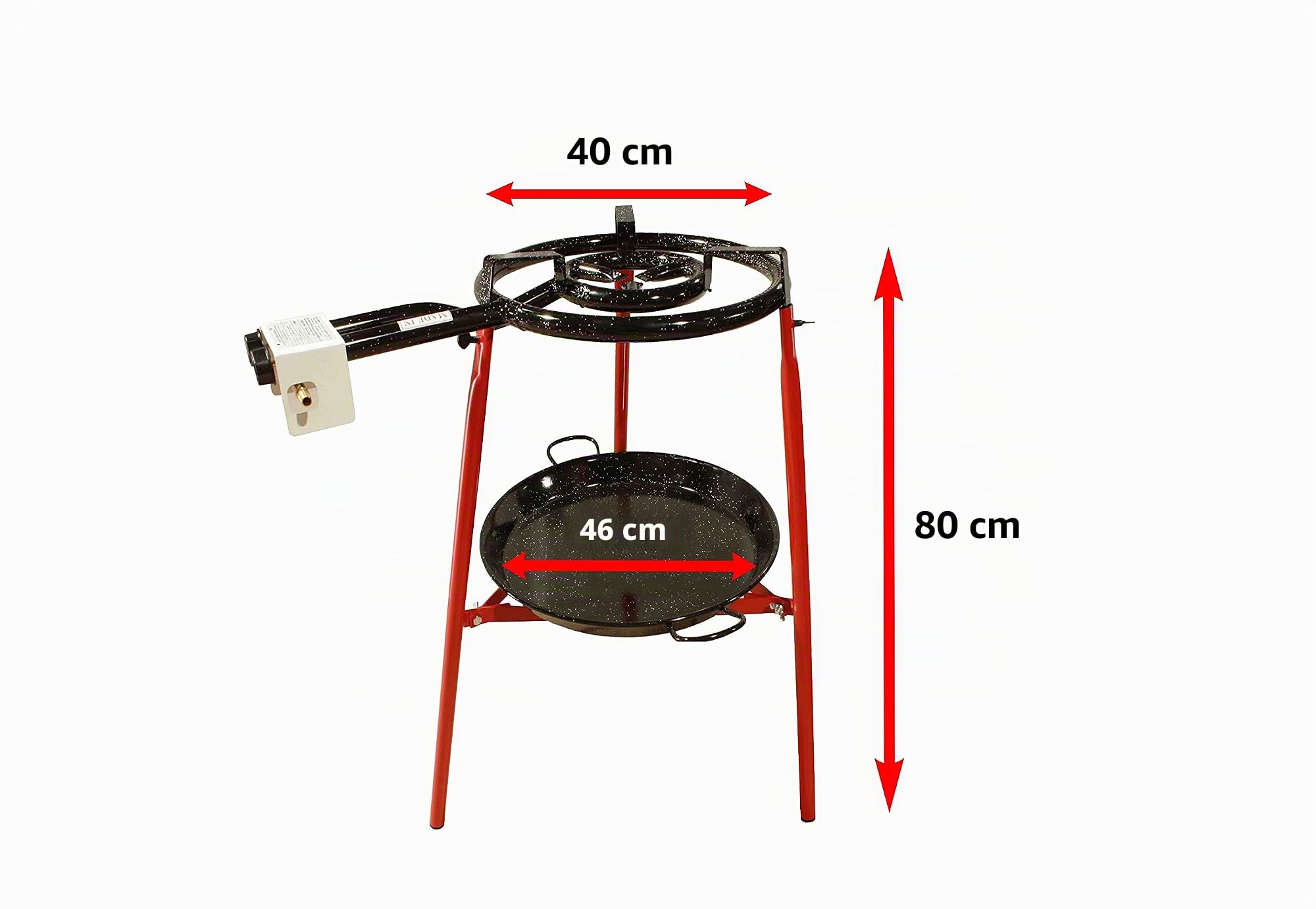 FERRETERIA LEPANTO Kit Paellero 40 cm Gas butano, paellera esmaltada de 46 cm, regulador de Gas + 1,5 metros de Manguera, soporte de 3 Patas reforzadas,