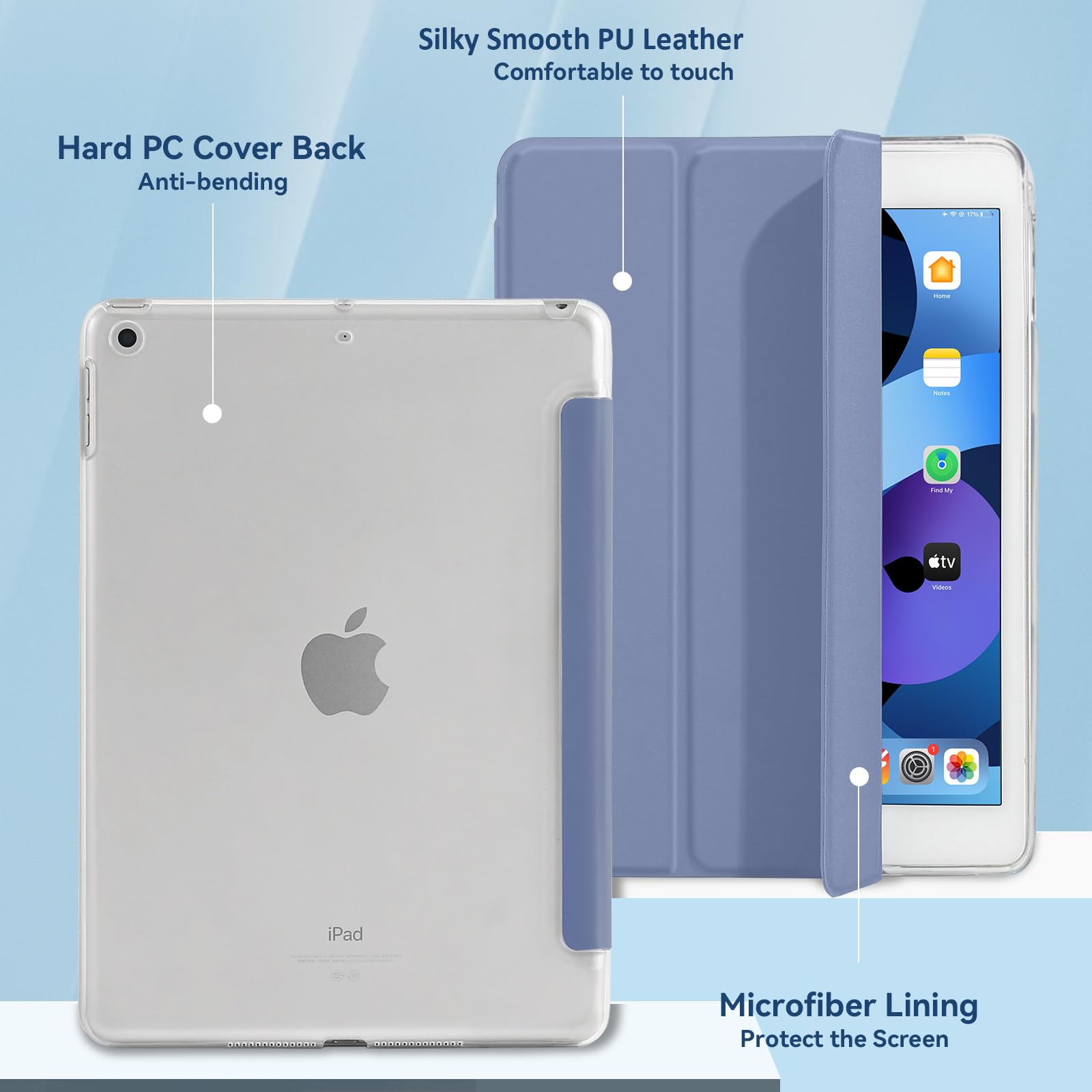 4UBonLife Custodia per iPad 6a /5a Generazione 9,7 Pollici 2018/2017, Cover Protettiva Rigida, Sottile e Leggera con Traslucida Posteriore Opaca Cover per iPad 5/6, Auto Sveglia/Sonno, Grigio Lavanda