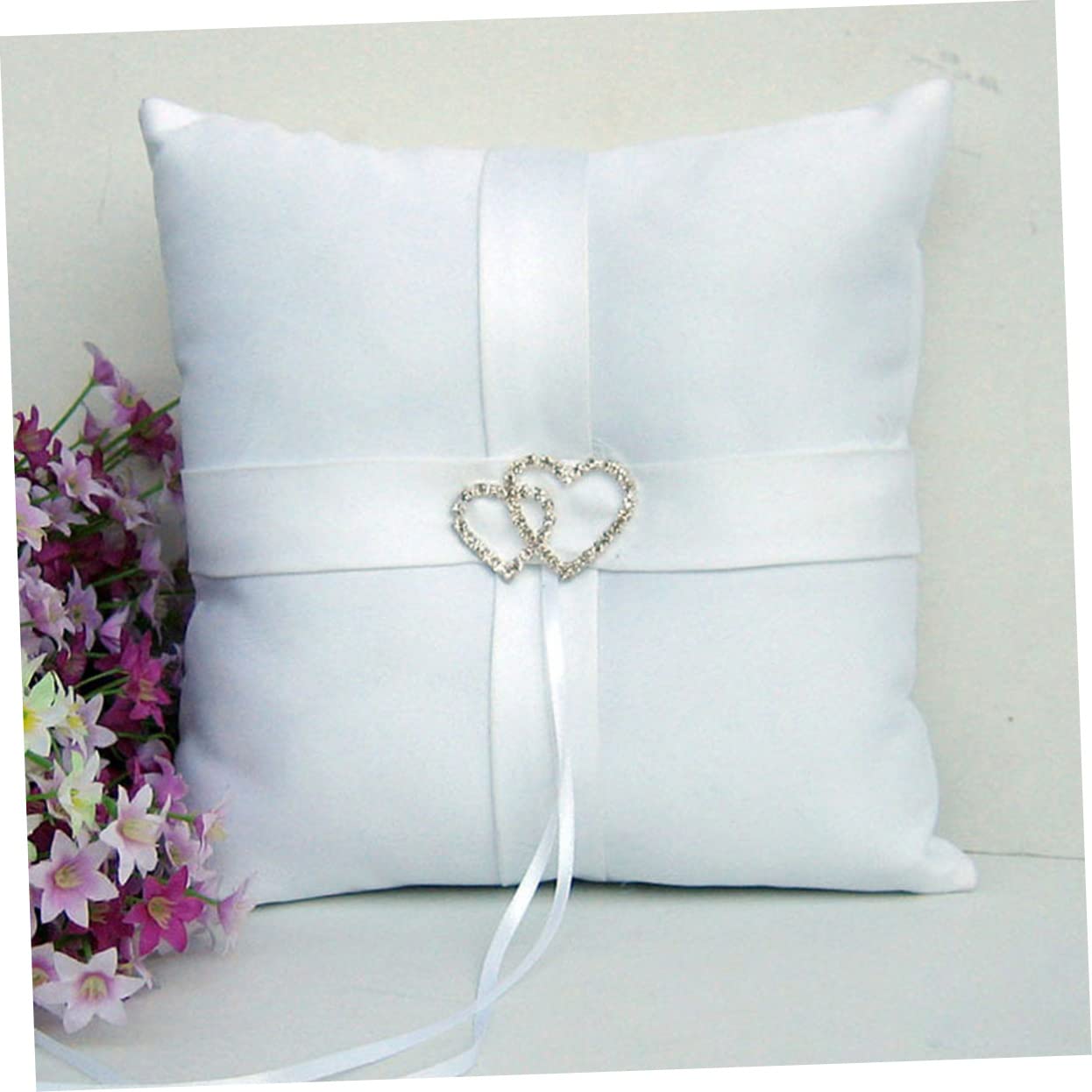 KOMBIUDA 2pcs Double Heart Pillow for Wedding Ceremony Satin Ribbon Decorated Design with Strap for Page Boy Bridal Accessory