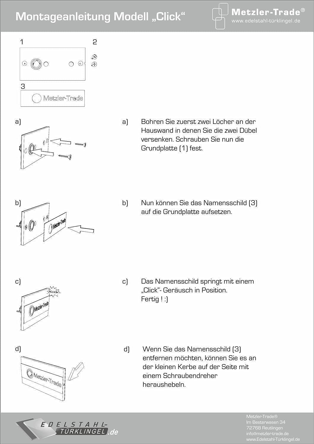 Metzler Moderne Edelstahl Türklingel Magneto - Inklusive Gravur & LED Taster - Austauschbare Namensschilder - 3-fach