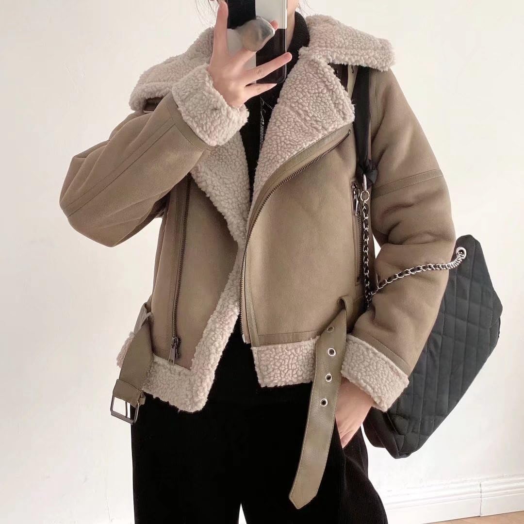 Damen Wildleder Sherpa Lederjacke Warm Fleece Winter Bomberjacke Motorrad Biker Sherpa Gefütterter Mantel Pelzkragen Winter Flieger Ledermantel Windbreaker