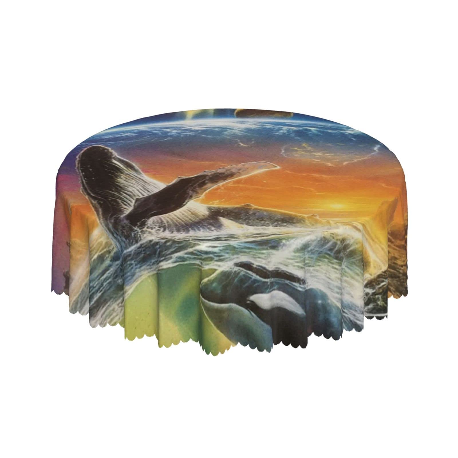 Lsjuee Whale Dolphin Abstract Galaxy Round Tablecloth 60 Inch Printed Washable Tablecloth for Dining Party Holiday Fall Home Decorative