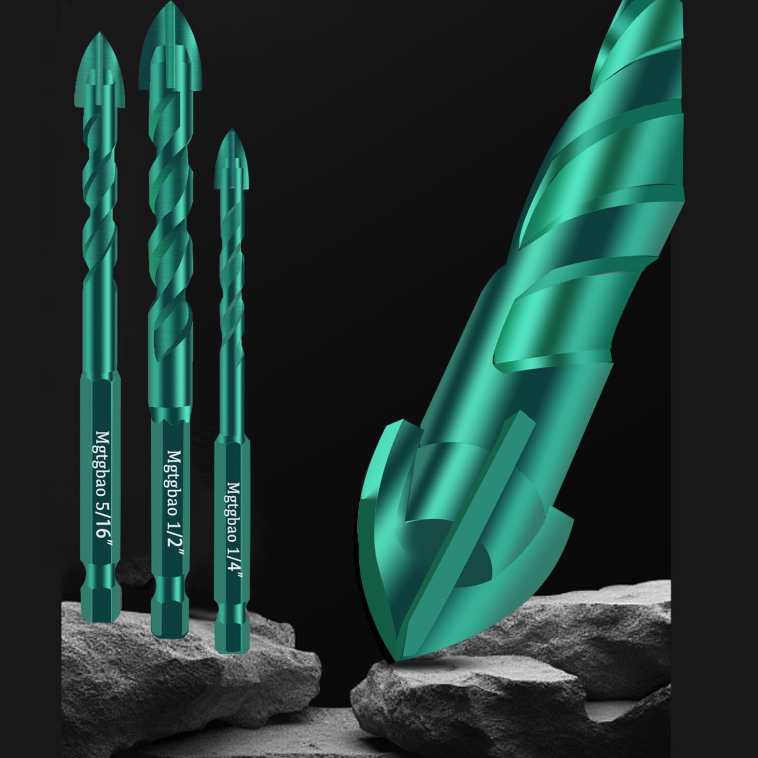 Set di 10 punte per trapano per calcestruzzo, colore verde, con punta in carburo per vetro, mattoni, piastrelle, cemento, plastica e legno, con dimensioni 3/16", 1/4", 5/16", 3/8", 1/2"