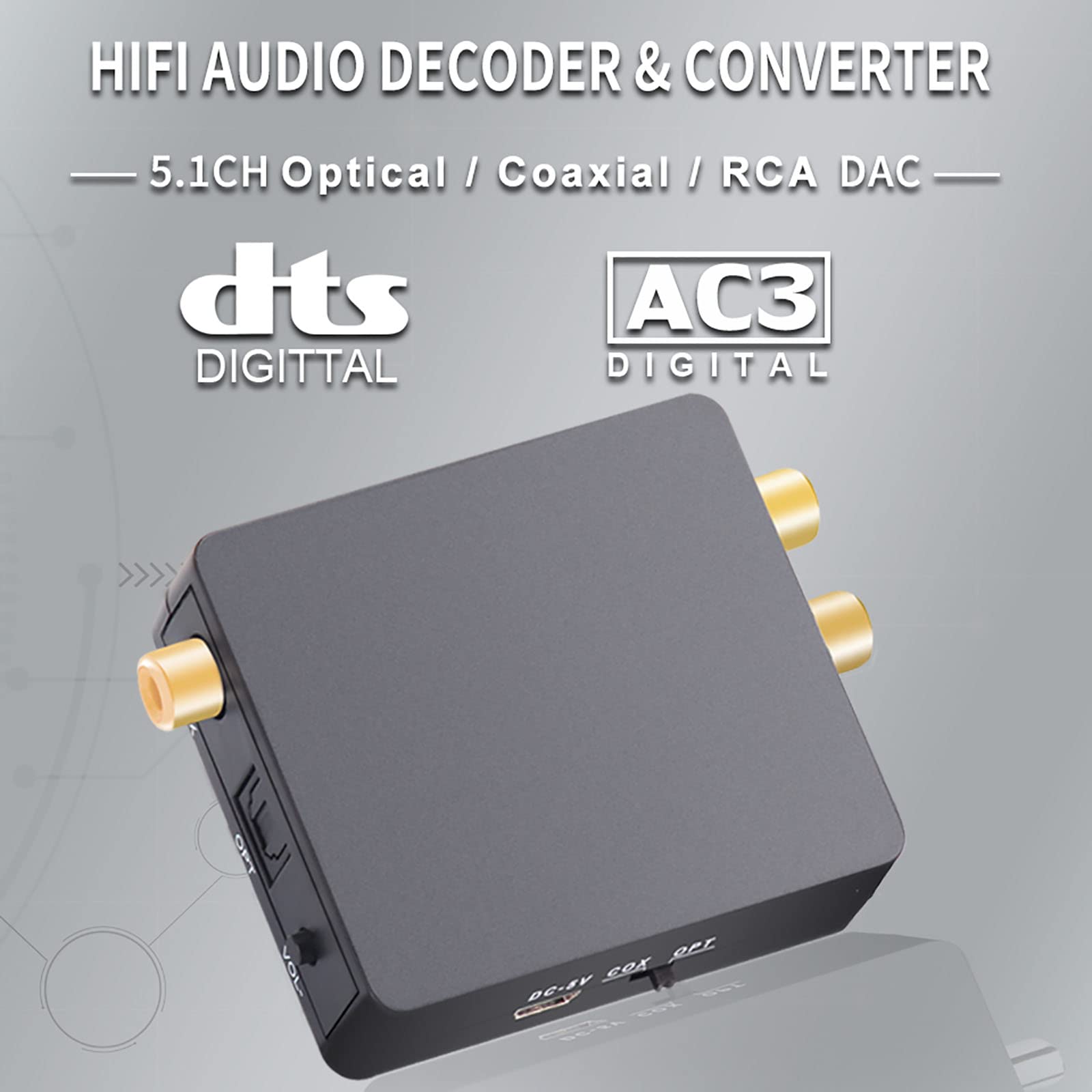 Convertidor Digital a Analógico, Conversión De Decodificación De Audio 5.1 Salida Estéreo Coaxial 2.0 De Fibra AC3, con Ajuste De Volumen, Adecuado para Cine En Casa PS3 HD DVD PS4 HDTV