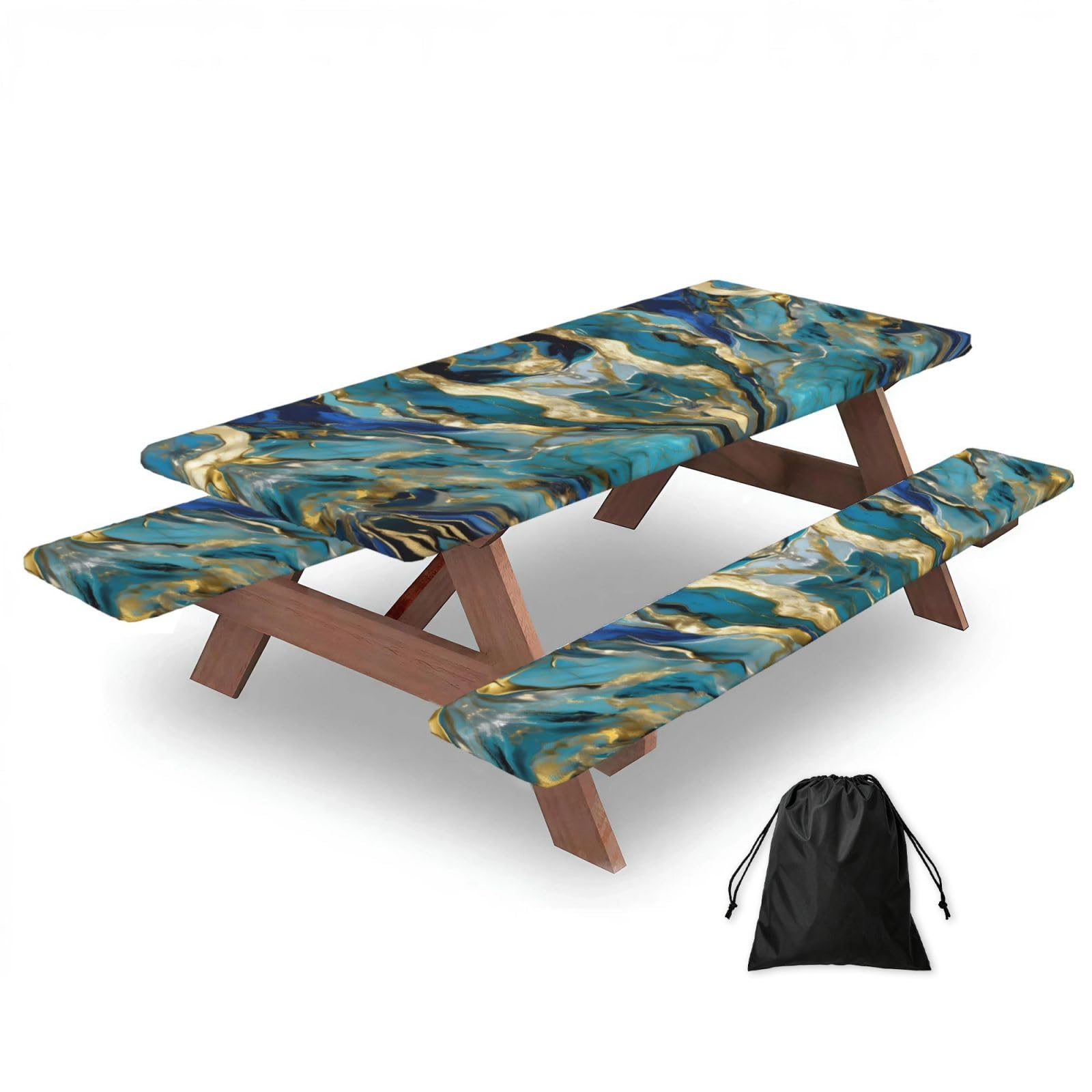 Zyjhyy Black Azurite Teal And Foil Gold Oil Marble Pattern Print Party Table Covers With Bench Covers Set Of 3 Picnic Table Cloth Wipe Clean For Garden Camping