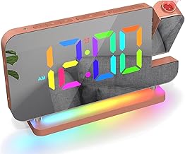 ThreeH RGB Digital Projection Alarm Clock with Rainbow Night Light and USB & C Charging Ports Adjustable Volume Mirror Clock for Bedroom Pink