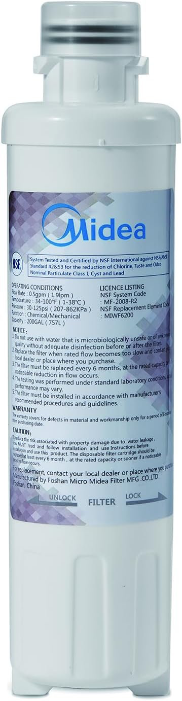 Midea MIWF6200 Twist-in Refrigerator Water Filter, 200 Gallon, Compatible with Midea Side-by-side Refrigerators MRS26D7AST/ MRS26D5AST/ MRQ22D7AST