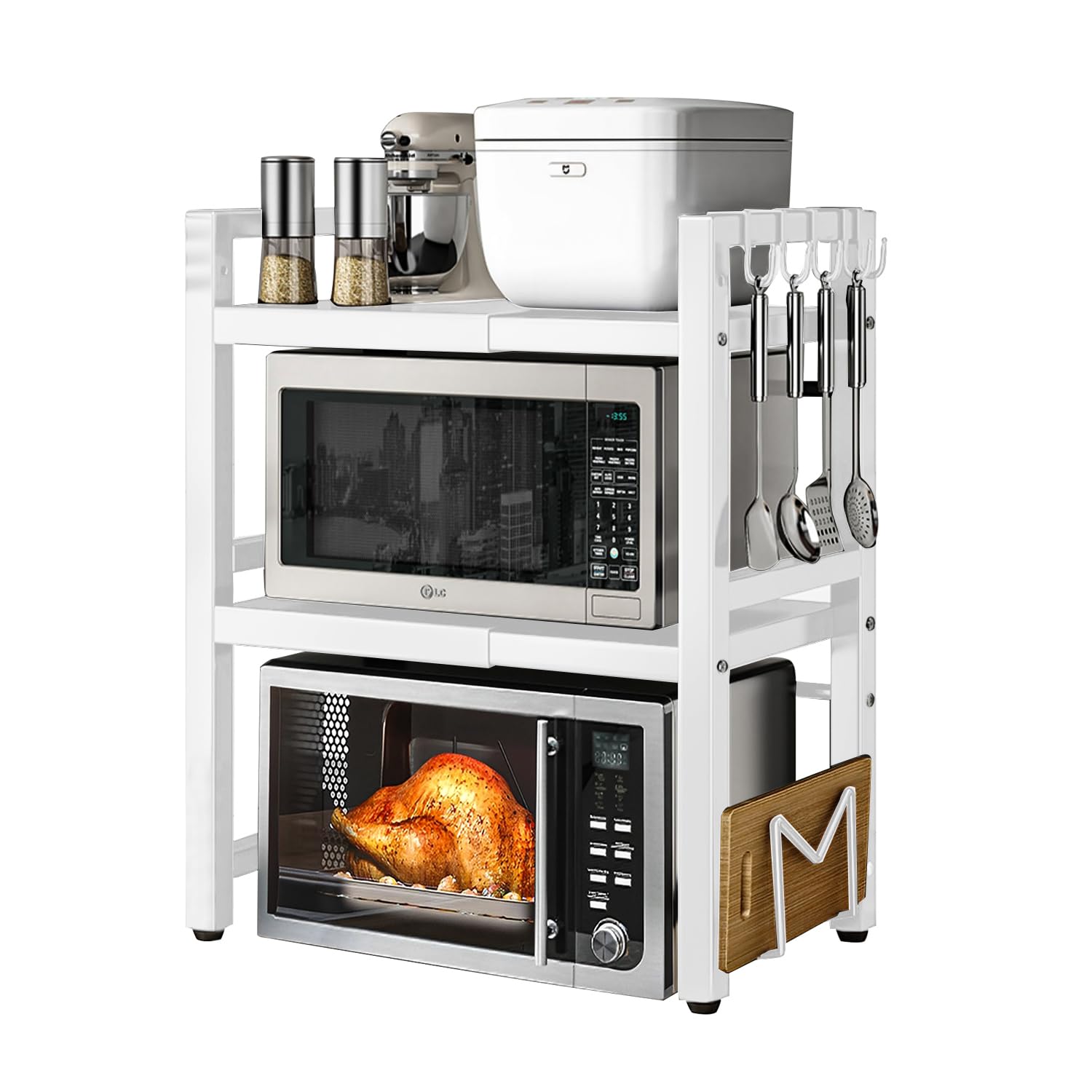 devesanter Estantería para microondas de 3 niveles, organizador con 5 ganchos, estante de cocina, estante para especias, extensible, para encimera, para panadería de 40-6