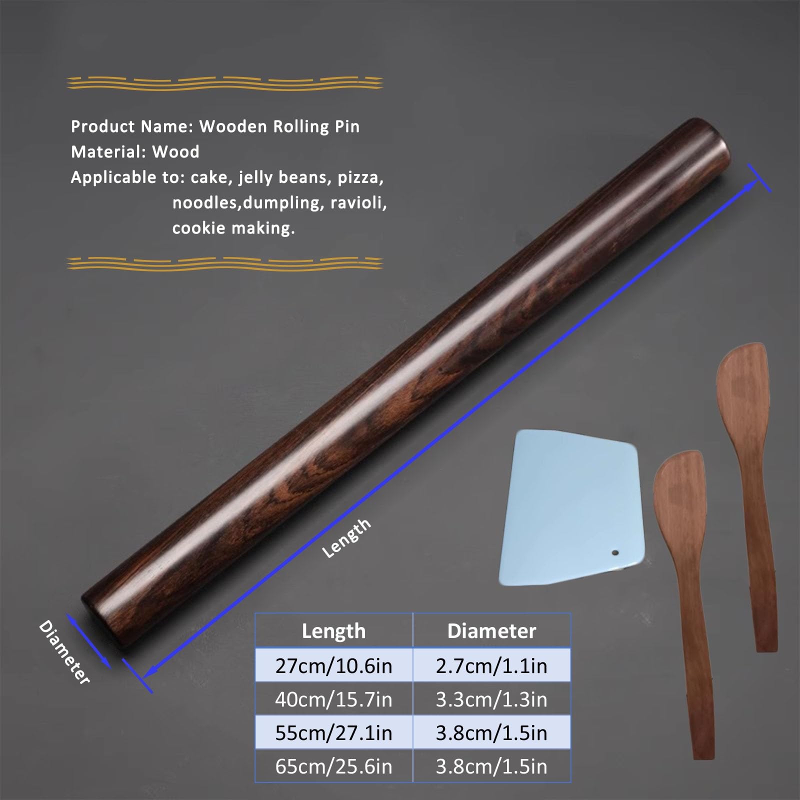 Rodillo de amasar cocina Rodillo De Madera Antiadherente, Utensilio De Cocina Esencial Rodillos Para Hornear 27 40 55 65 CM, Rodillo Para Pasta Fideos Masa Bollo Wonton Bao Bun Pan Galleta(Sepia,LxD 2