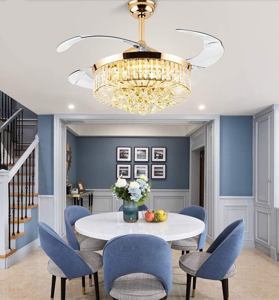42 Inch Luxury Crystal Retractable Ceiling Fan with Light Remote Control,LED 3 Color Changing Fan Light Silent Invisible Fan Chandelier Lighting (Rose Gold)