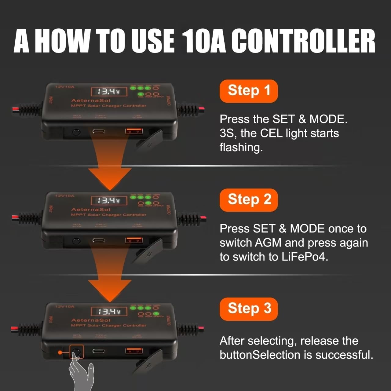 AeternaSol MPPT Solar Charge Controller 12V 10A Solar Panel with LCD Display Charge Controller for Gel AGM Lithium LiFePO4 Batteries Charge Controllers Compatible with Type-c and USB（12v/10A） - 5