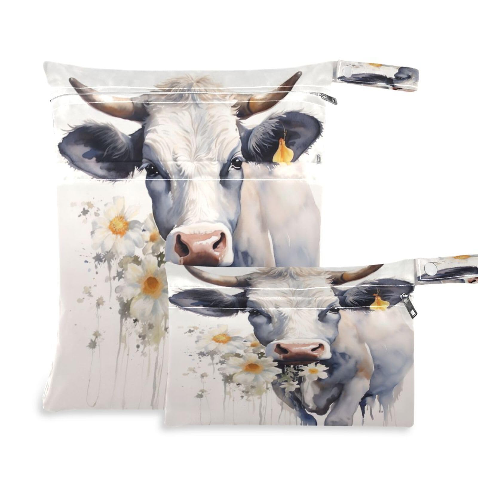 ATTX Funny Cow Wet Dry Bags 2-Pack - Reusable Cloth Diaper Storage for Travel, Beach & Gym | Multi-Use Waterproof Bags for Swimsuits, Baby Clothes, Sports Gear#586