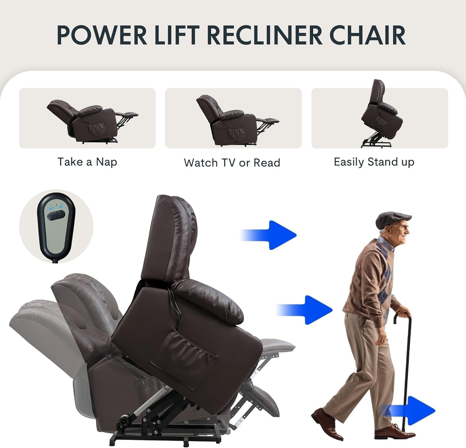 Electric Leather Lift Recliner Chair with Massage and Heat, Remote Control, Cup Holders, Power Reclining Sofa for Living Room, Comfortable Chair for Adults