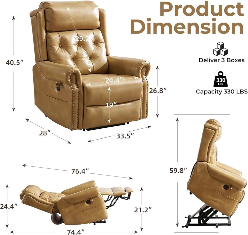 Electric Oversized Power Lift Recliner Chair with Massage and Heat Heavy Duty Lay Flat Reclining Sofa Adjustable Headrest Extended Footrest USB Ports Comfortable Lift Chair