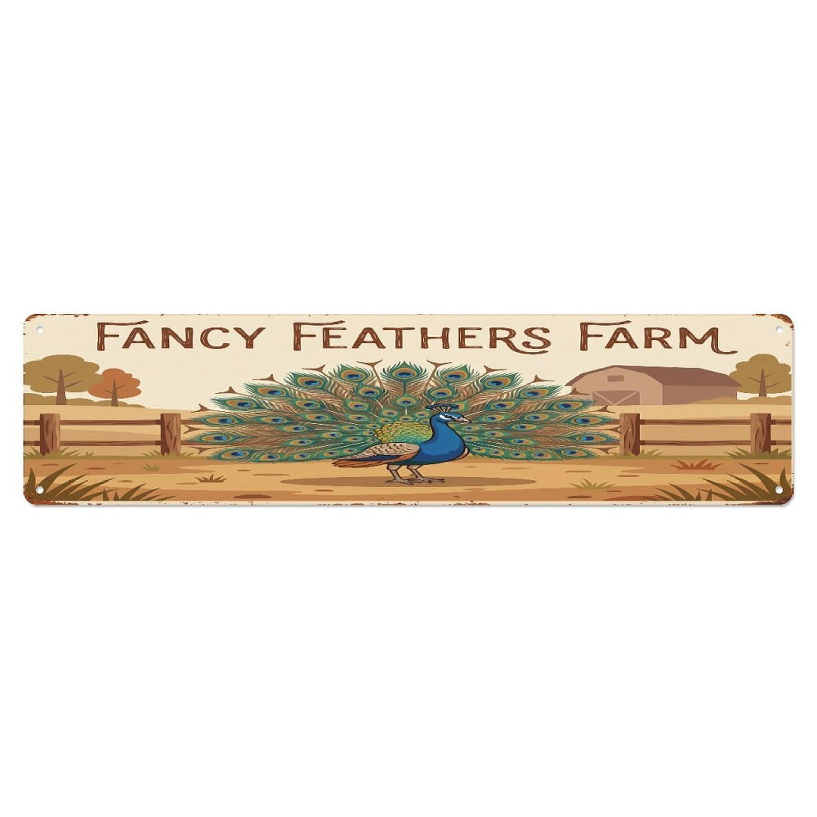 Metal Tin Sign Vintage Peacock Farm Scene FANCY FEATHERS FARM