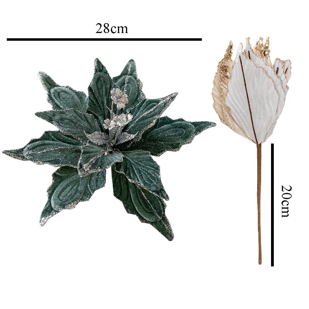 vctops 6 fiori glitterati natalizi da 27 cm, per albero di Natale, ghirlanda di fiori artificiali a forma di stella di Natale, Capodanno, matrimoni, feste, vacanze, decorazioni fai da te, verde