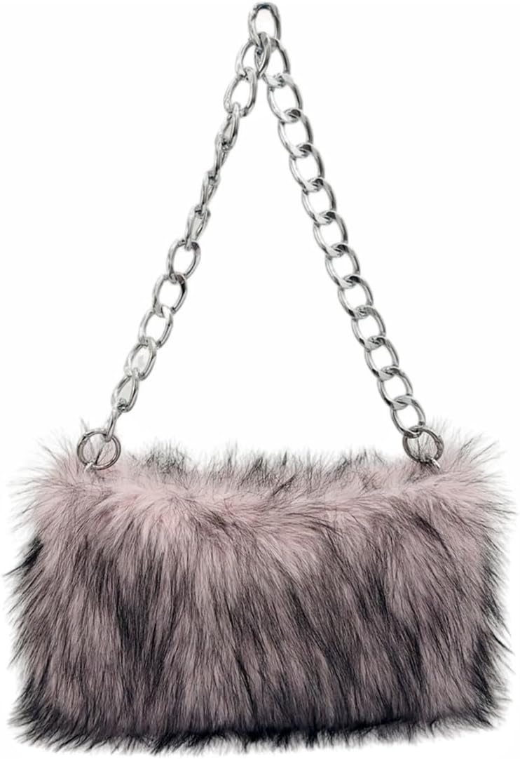 Women’s Faux Fur Fuzzy Shoulder Bag Fluffy Plush Handbag with Zipper and Metal Chain Strap Furry Small Tote Satchel Purse