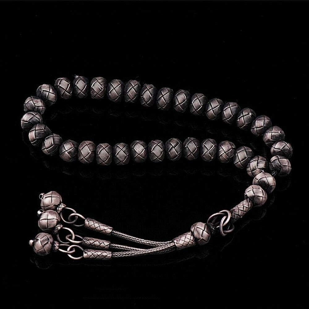 1000 Ct Silver Turkish Kazaz Hand Knitted Black Islamic Prayer Beads Tasbeeh Rosary