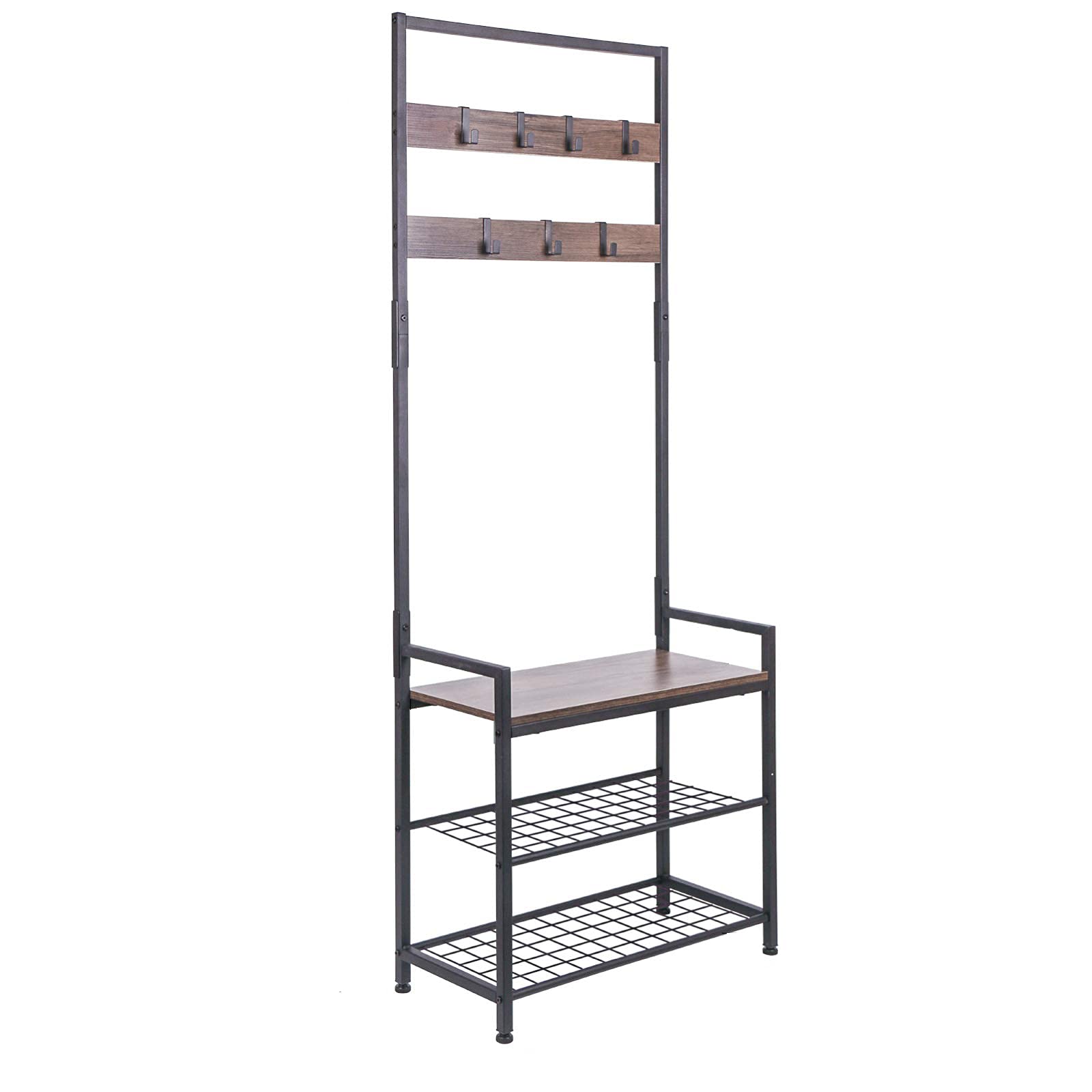 HOMEKOKOCoat Rack Shoe Bench, Hall Tree Entryway Storage Bench, Wood Look Accent Furniture with Metal Frame, 3-in-1 Design (Dark Brown)