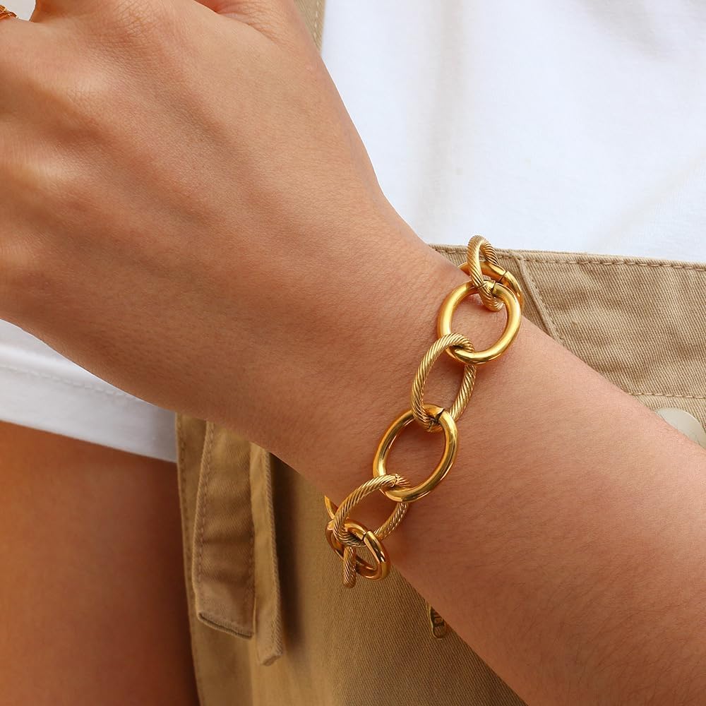 Adjustable 18K Gold Plated Chain Bracelet & Necklace Set for Women Men Handmade Cable Loop Jewelry with Buckle, Thick Oval Link Dainty Gold Stackable Hip Hop Jewelry （Necklace） - Image 6