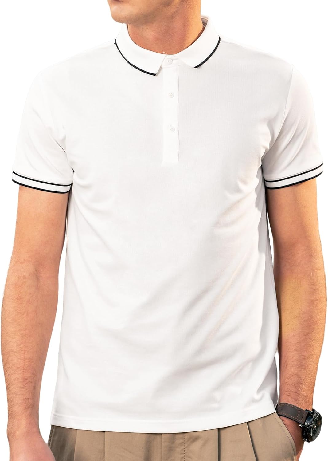 Men's Polo Shirts for Men Short Sleeve Striped Pique Cotton Polo Shirt Business Casual Layering Top White