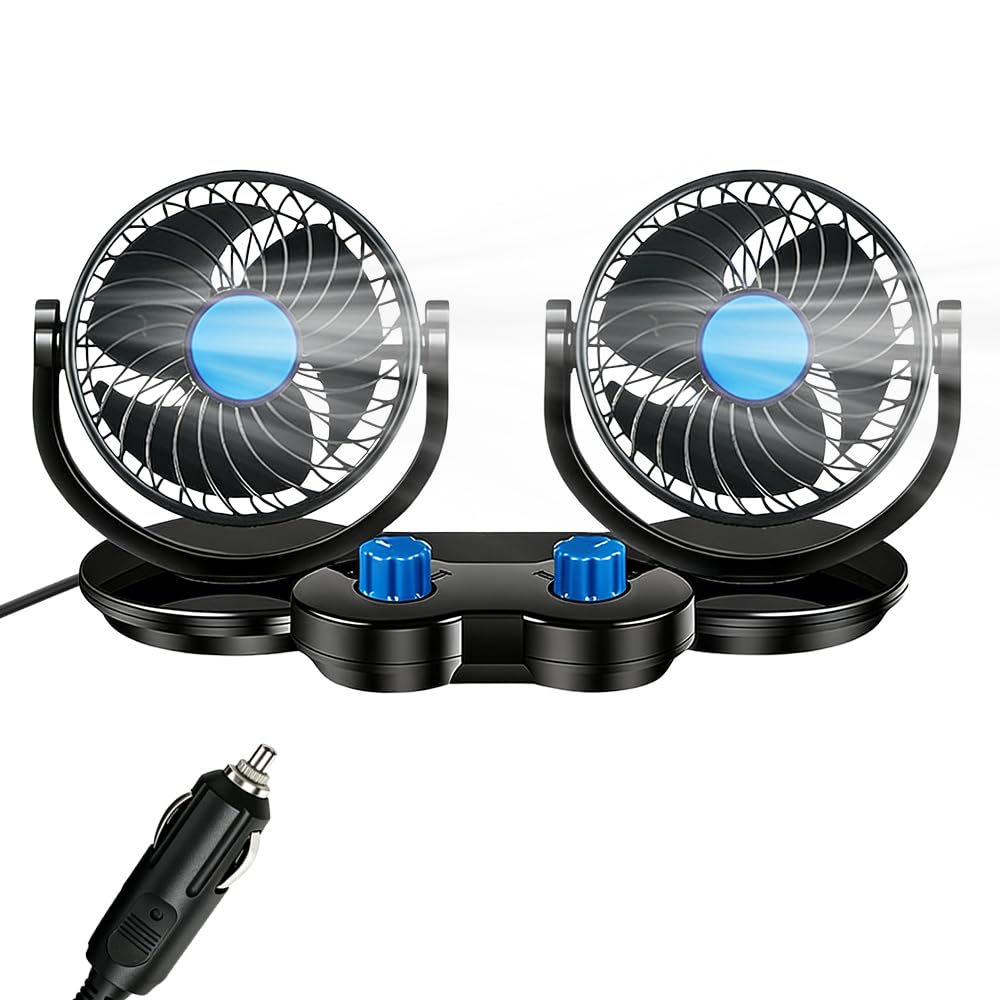 Ventilatore per auto, 12 V, doppia testa, portatile, rotazione a 360 gradi, silenzioso, a 2 velocità, per SUV, camper, barca, camper, ATV
