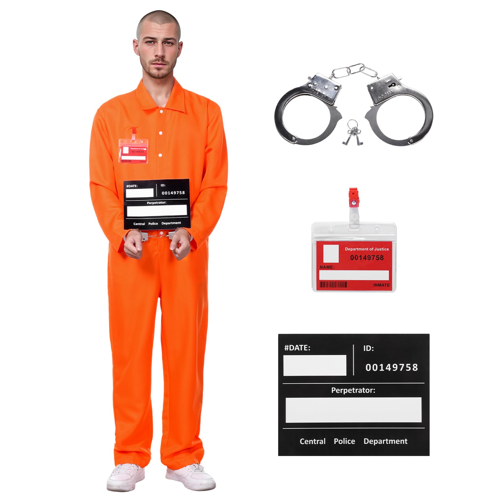 Angenster Prisoner Costume Suit, Prisoner Outfit Orange Jumpsuit Prisoner Fancy Dress with Handcuffs Information Board Name Badge Card, Prisoner Costume Men Women for Halloween Carnival (Orange, L)