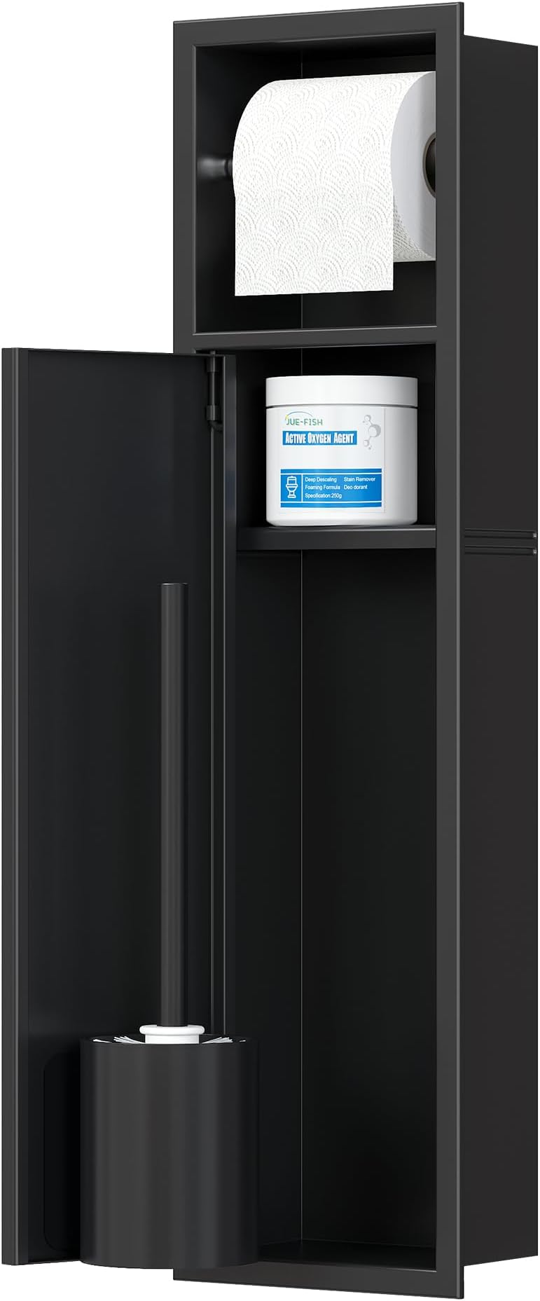 Qeke Recessed Toilet Brush Holder, SUS304 Stainless Steel Rustproof Recessed Toilet Brush Holder, in Wall Tissue Brush Storage Cabinet for Bathroom, Matte Black, 4" Depth