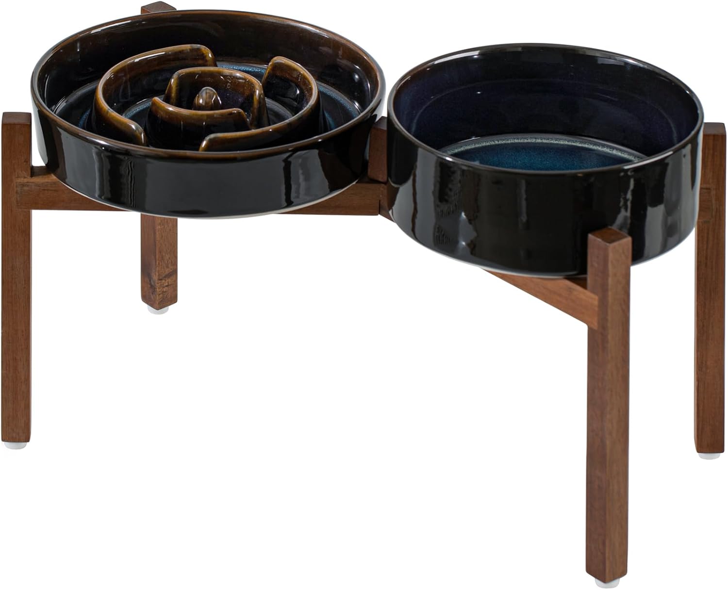 Ceramic 1.6 Cup Raised Slow Feeder Dog Bowl Set, Elevated 7.3inch Bowl and 8.2inch Dish with Acacia Wood Stand for Medium and Large Dog(2 x Starry Sky+ Stand) L- 8.2inch / 1.6 Cups 2 x Starry Sky + Stand - A