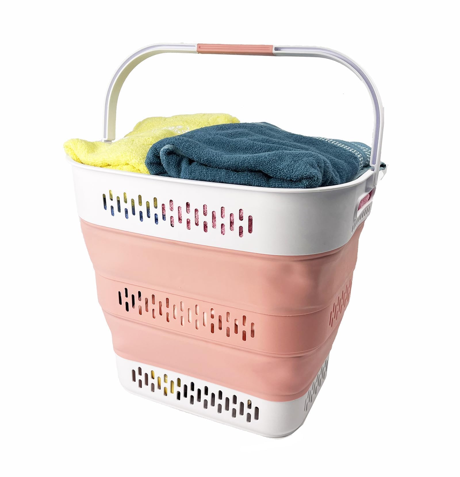 SAMMART 40L Collapsible Plastic Laundry Basket with Handles - Foldable Pop Up Storage Container/Organizer - Portable Laundry Hamper - Space Saving (1, Grey/Quartz Pink)