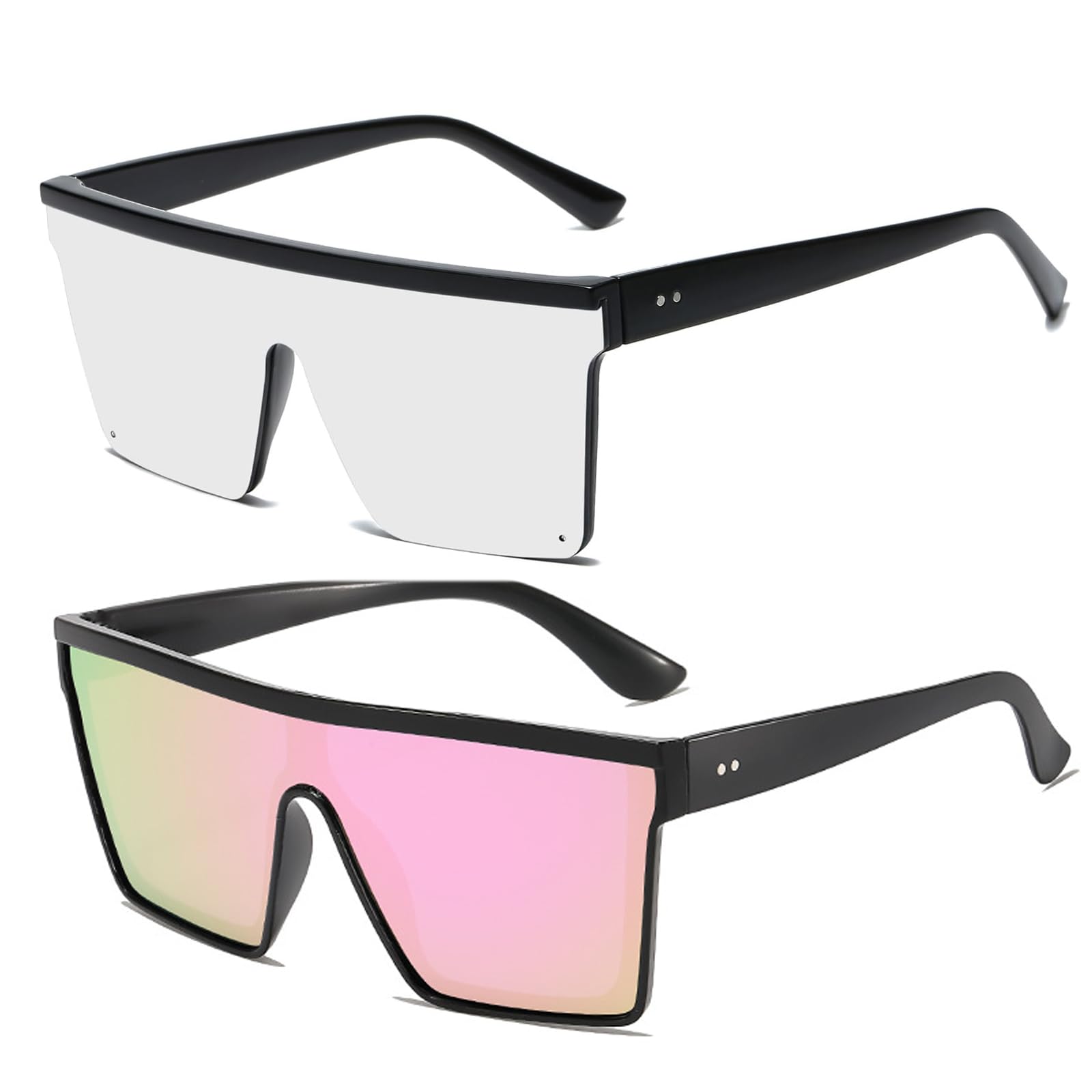 2 Pcs Rave Glasses, Square Sunglasses for Women Men, Flat Top Oversized Big Frame UV400 Protection Trendy Eyewear for Outdoor